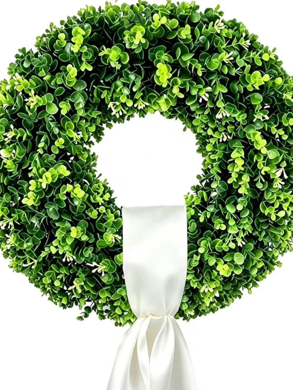 Artificial Boxwood Wreath w/ White Ribbon 17